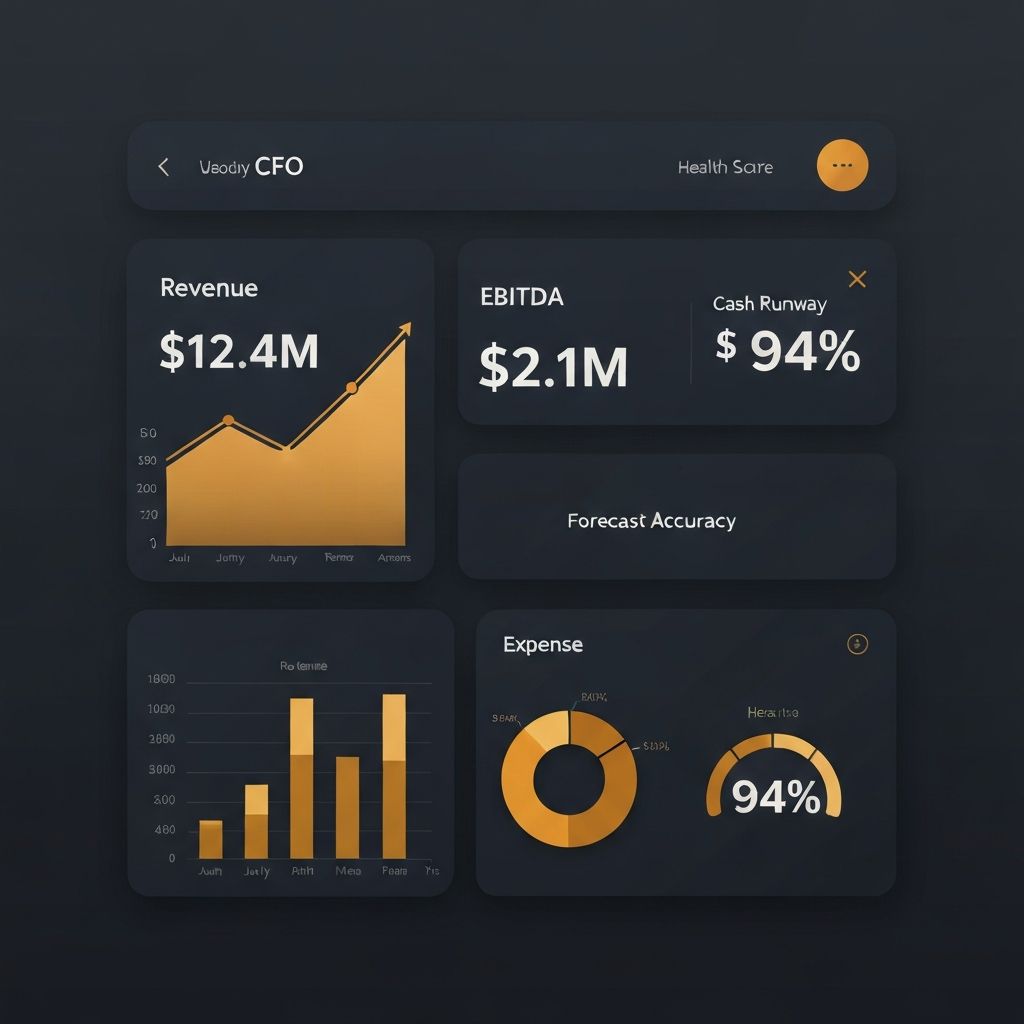 C2M2 CFO dashboard showing revenue, EBITDA, cash runway, forecast accuracy, variance reporting, and business health metrics